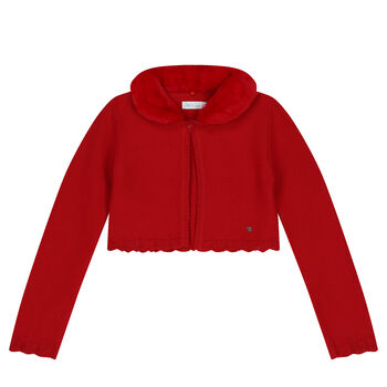 Girls Red Faux Fur Collar Cardigan