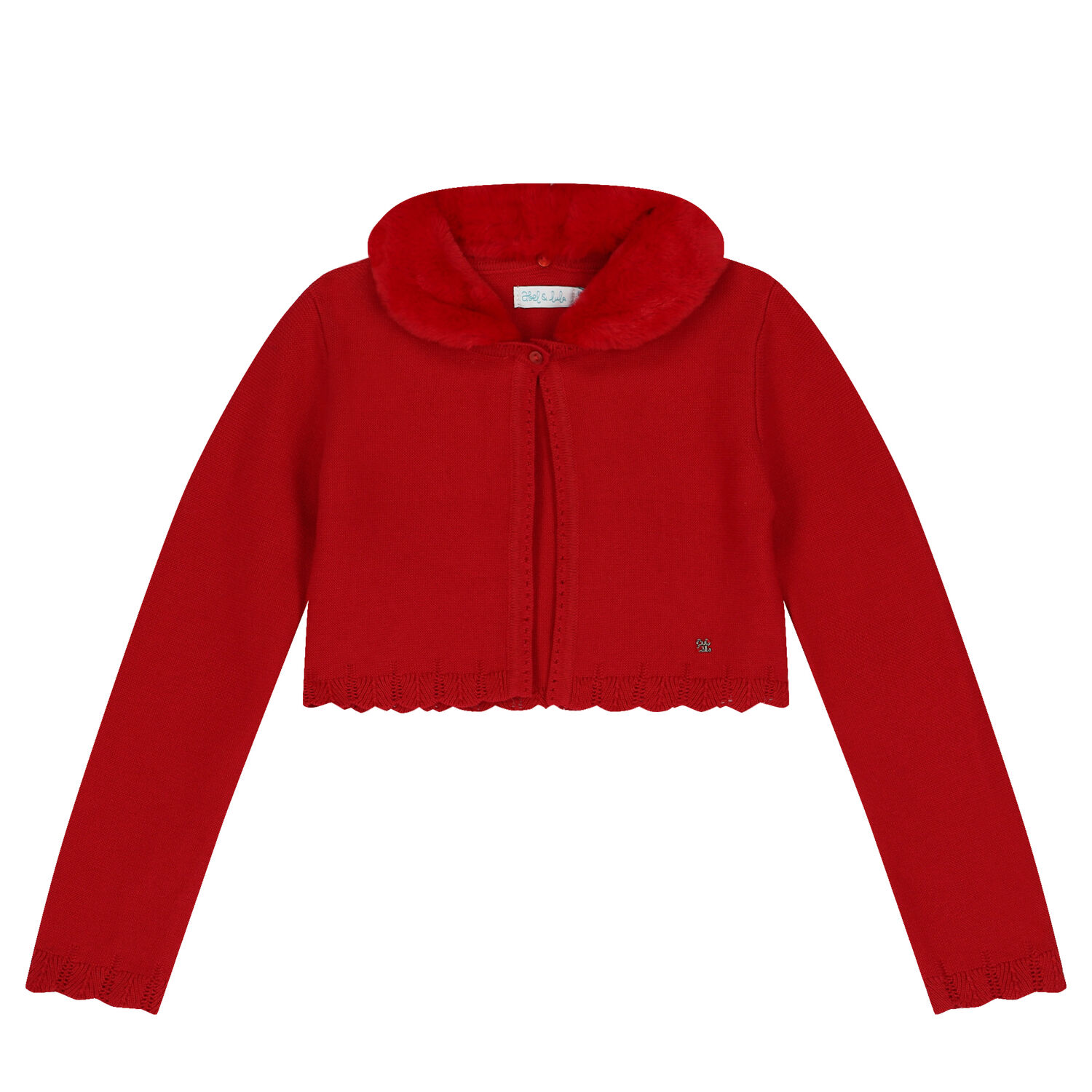 Girls Red Faux Fur Collar Cardigan, 1, hi-res image number null