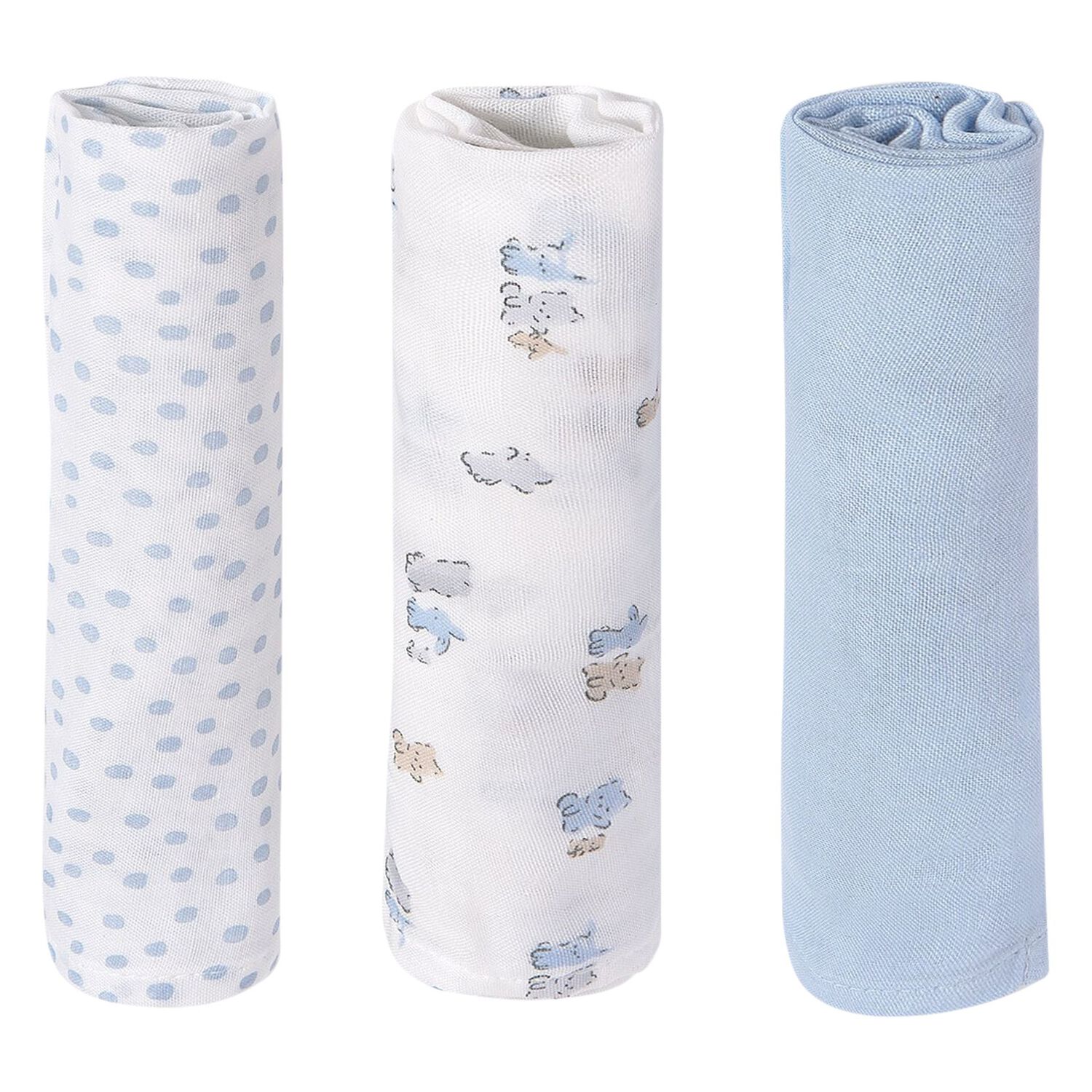 Baby Boys White & Blue Muslin Swaddles (3-Pack), 2, hi-res image number null