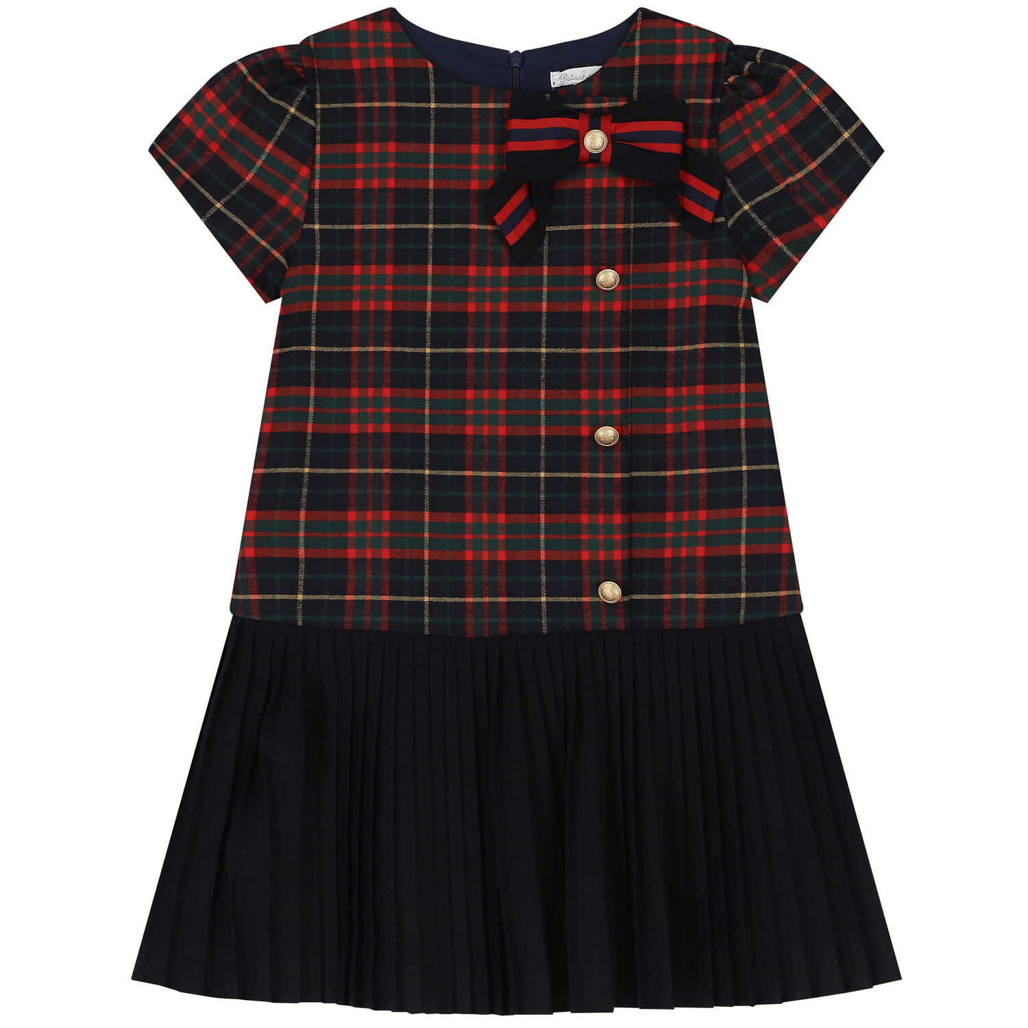 Girls Navy Blue & Red Tartan Pleated Dress, 1, hi-res