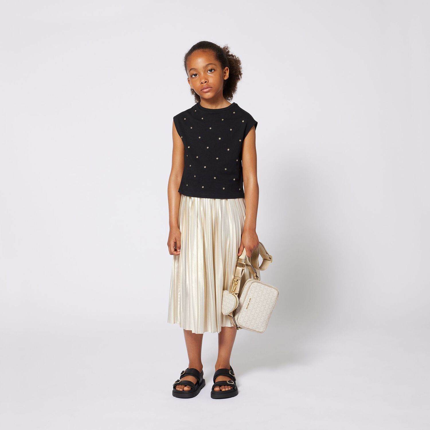 حقيبة كتف بالشعار باللون العاج والذهبي للبنات, 1, hi-res