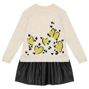 Girls Beige & Black Heart Dress Set