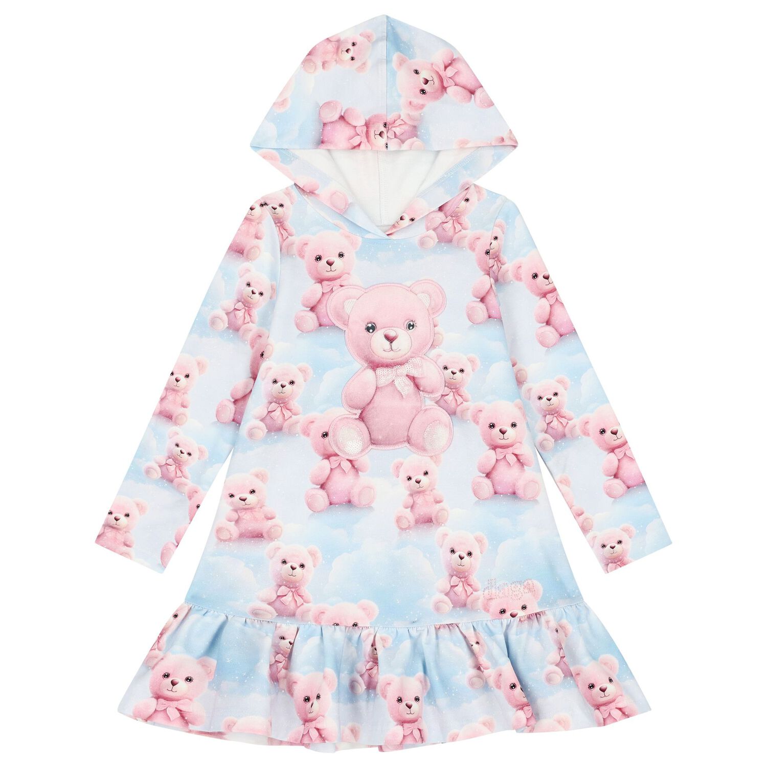 Girls Blue & Pink Teddy Bear Hooded Dress, 1, hi-res image number null