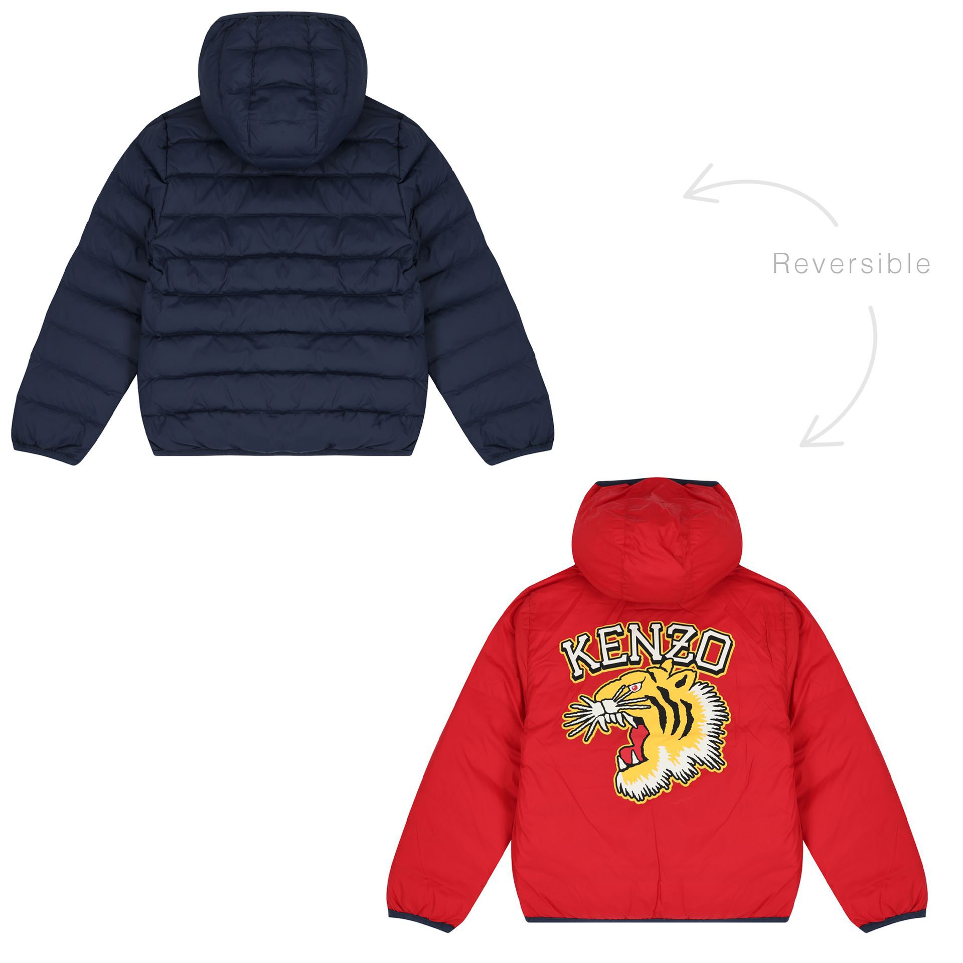 KENZO KIDS Navy Blue Red Logo Reversible Puffer Jacket Junior Couture UAE