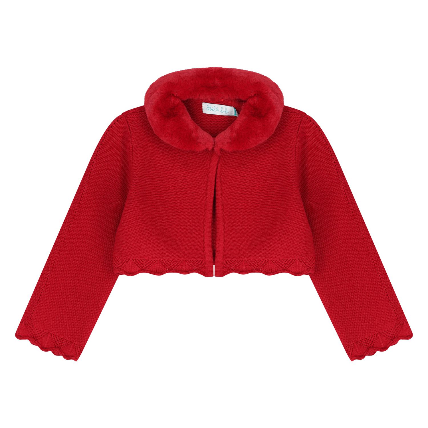 Younger Girls Red Faux Fur Collar Cardigan, 3, hi-res