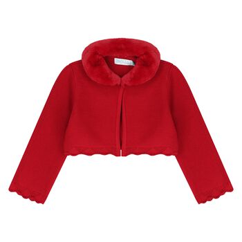 Younger Girls Red Faux Fur Collar Cardigan