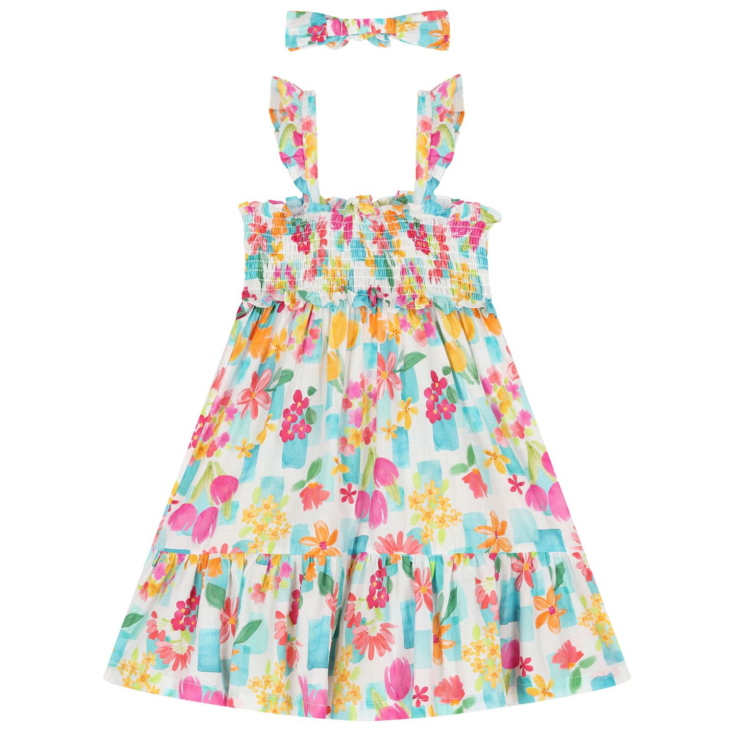 Girls White, Blue & Pink Floral Dress Set, 3, hi-res image number null