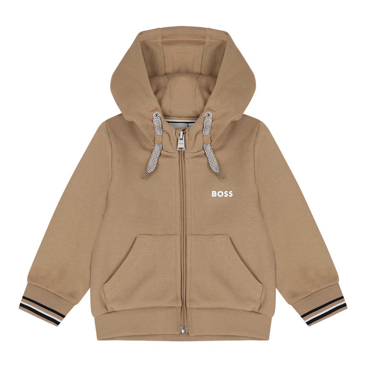 Younger Boys Beige Logo Hooded Zip Up Top, 2, hi-res image number null