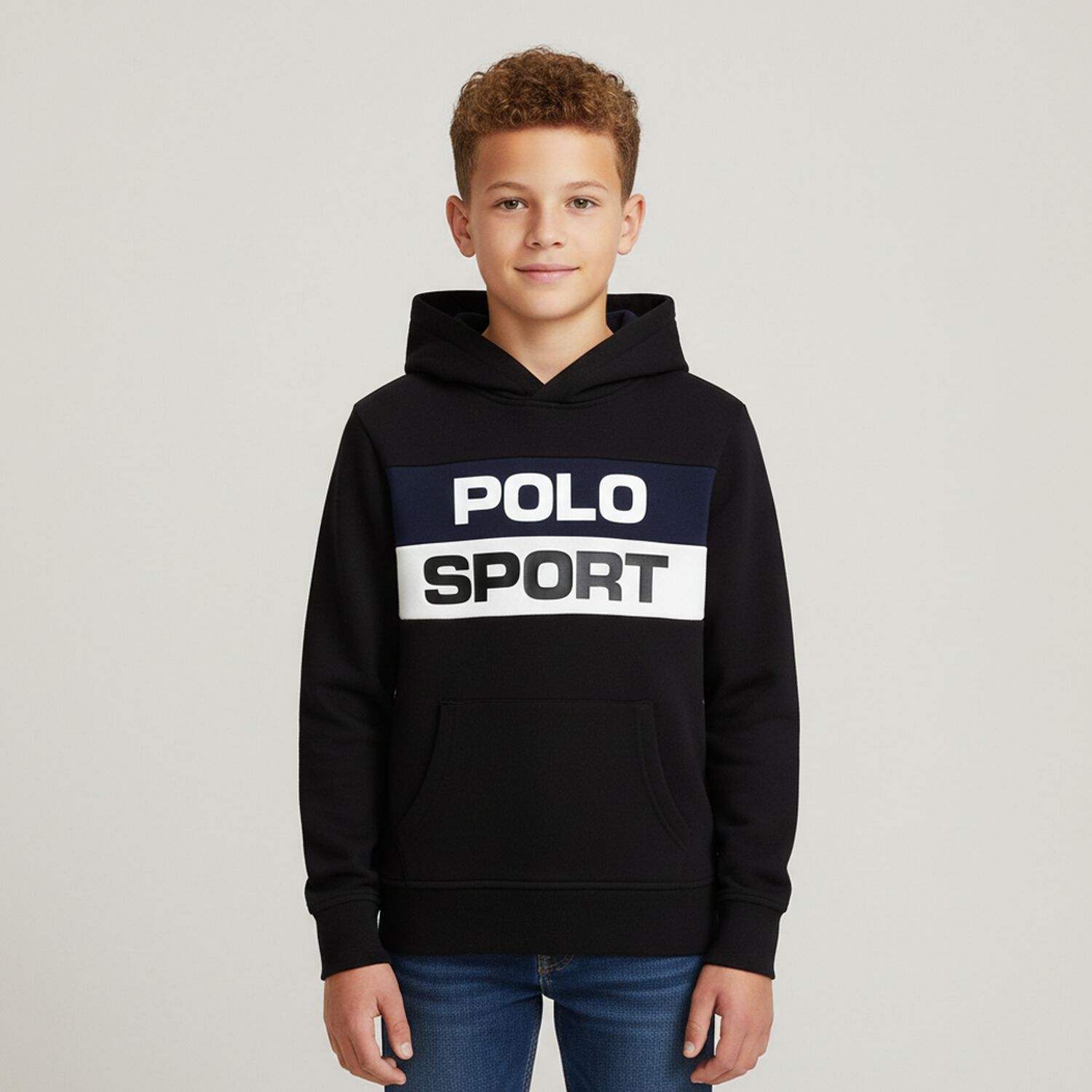 Boys Black Logo Hooded Top, 1, hi-res
