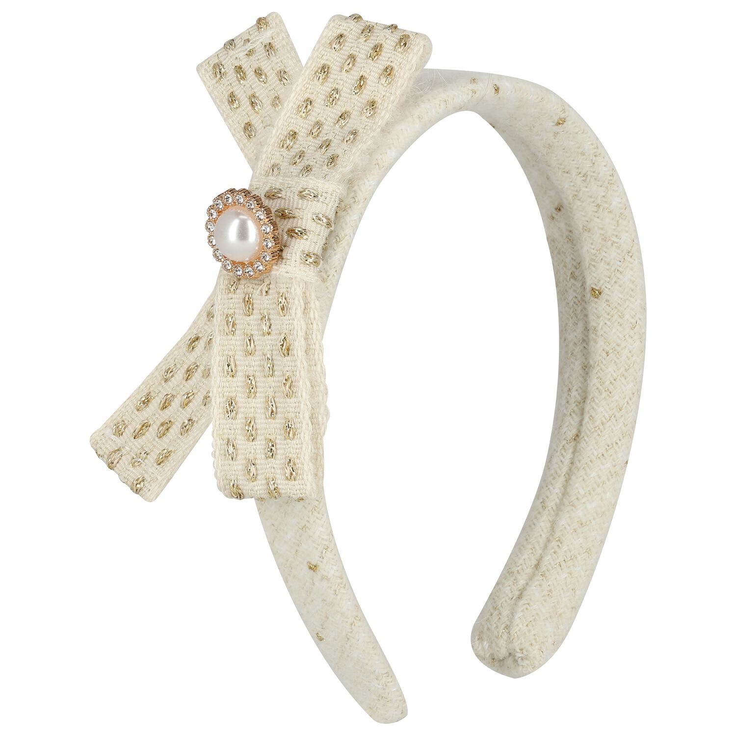 Girls Ivory & Gold Tweed Headband, 1, hi-res