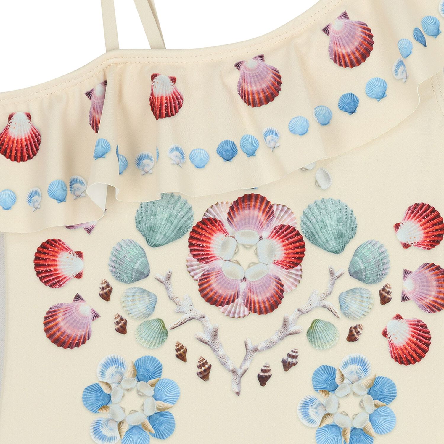 Girls Beige Shell Ruffled Swimsuit, 1, hi-res