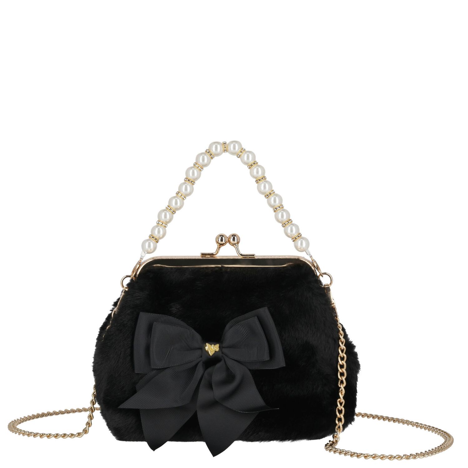 Girls Black Faux Fur Handbag, 1, hi-res