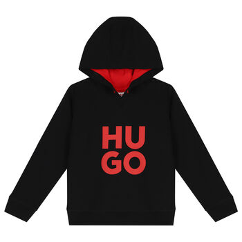 Boys Black Logo Hooded Top