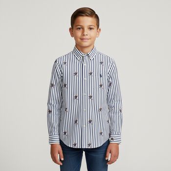 Boys White & Blue Polo Bear Striped Shirt