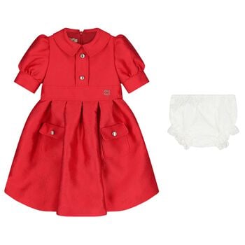 Baby Girls Red Satin Jacquard Logo Dress