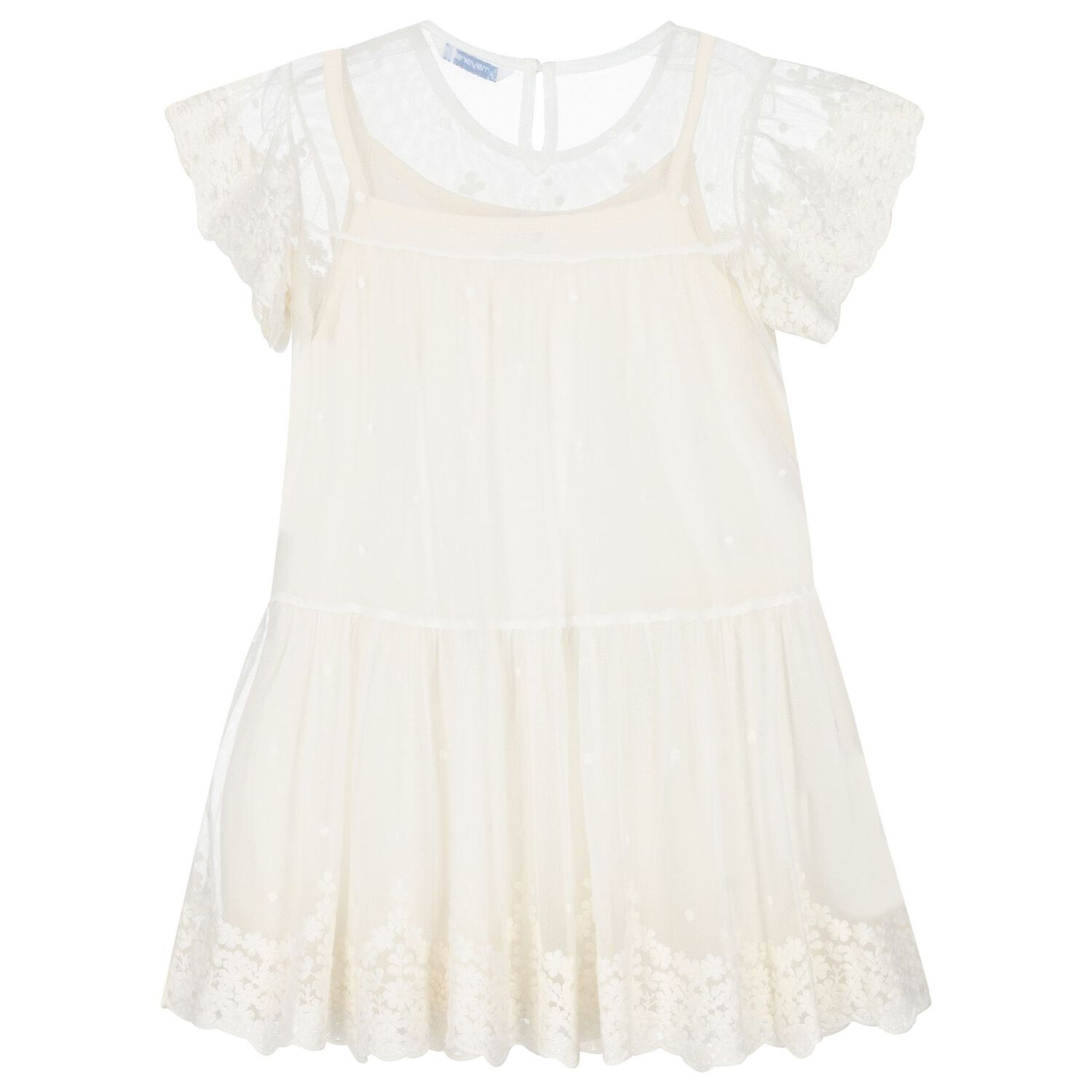 Girls Ivory Embroidered Tulle Dress, 1, hi-res
