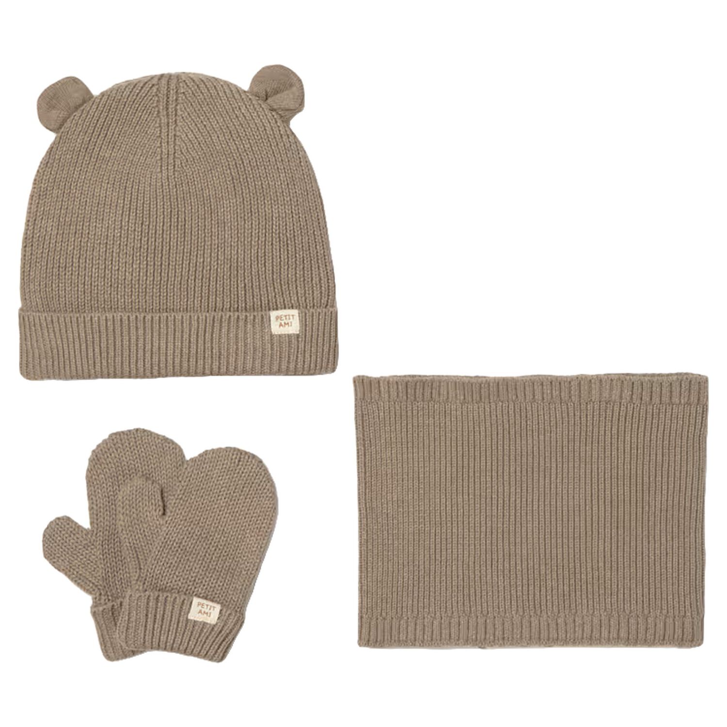 Younger Beige Knitted 3 Piece Hat Set, 1, hi-res