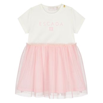 Younger Girls White & Pink Logo Tulle Dress