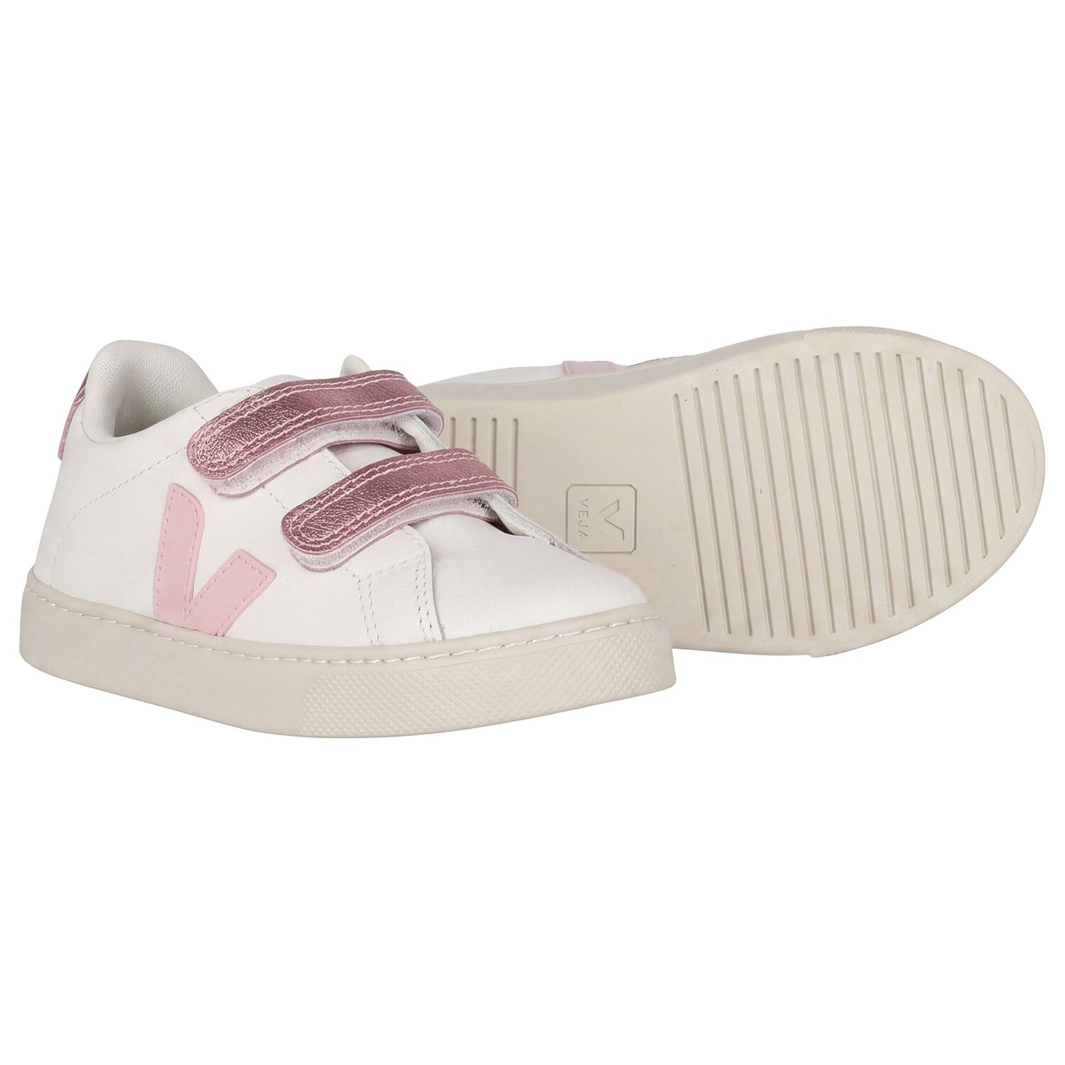 Girls White & Pink Logo Leather Trainers , 1, hi-res