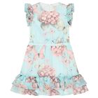 Girls Aqua Floral Print Chiffon Dress, 3, hi-res
