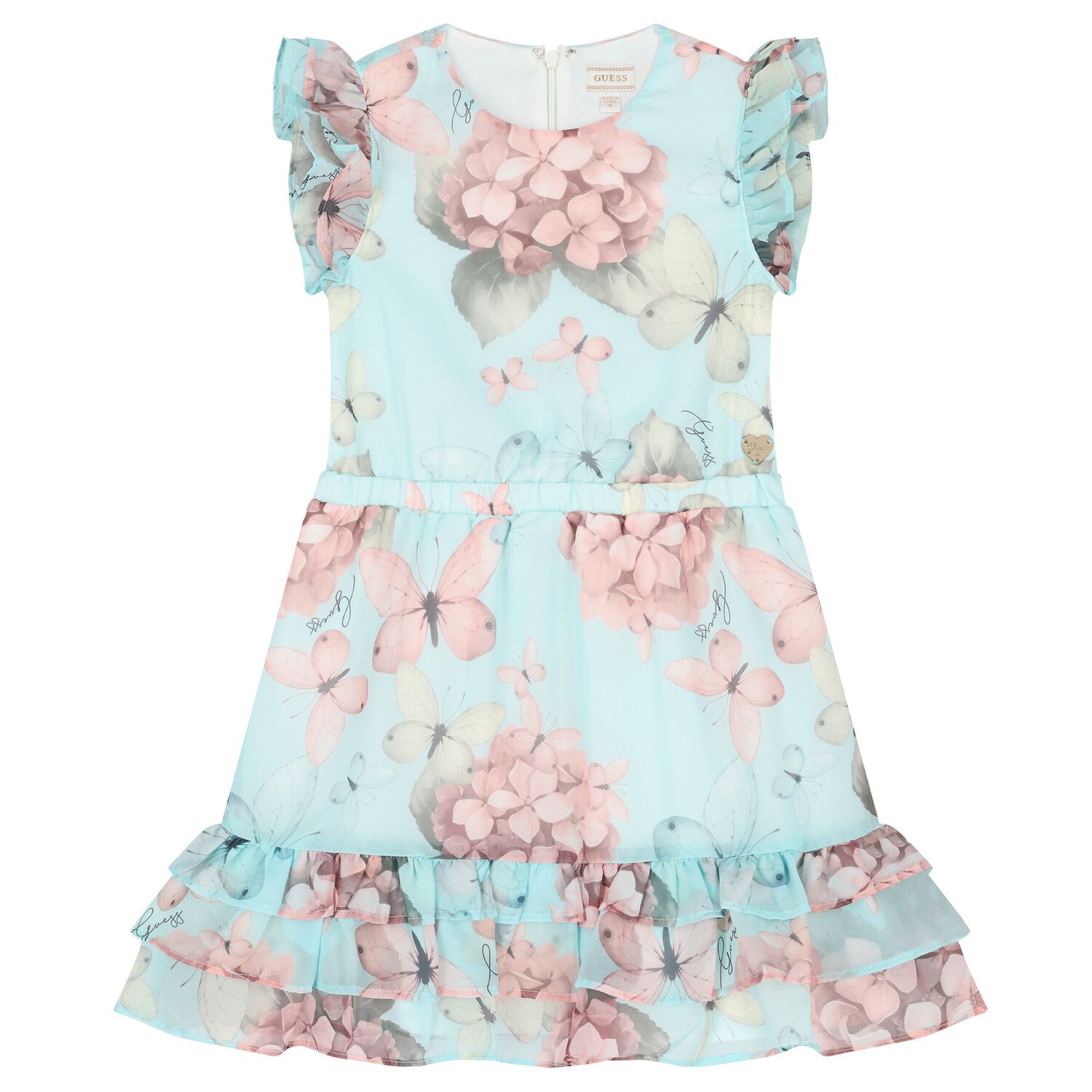 Girls Aqua Floral Print Chiffon Dress, 3, hi-res image number null