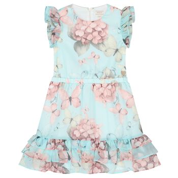 Girls Aqua Floral Print Chiffon Dress