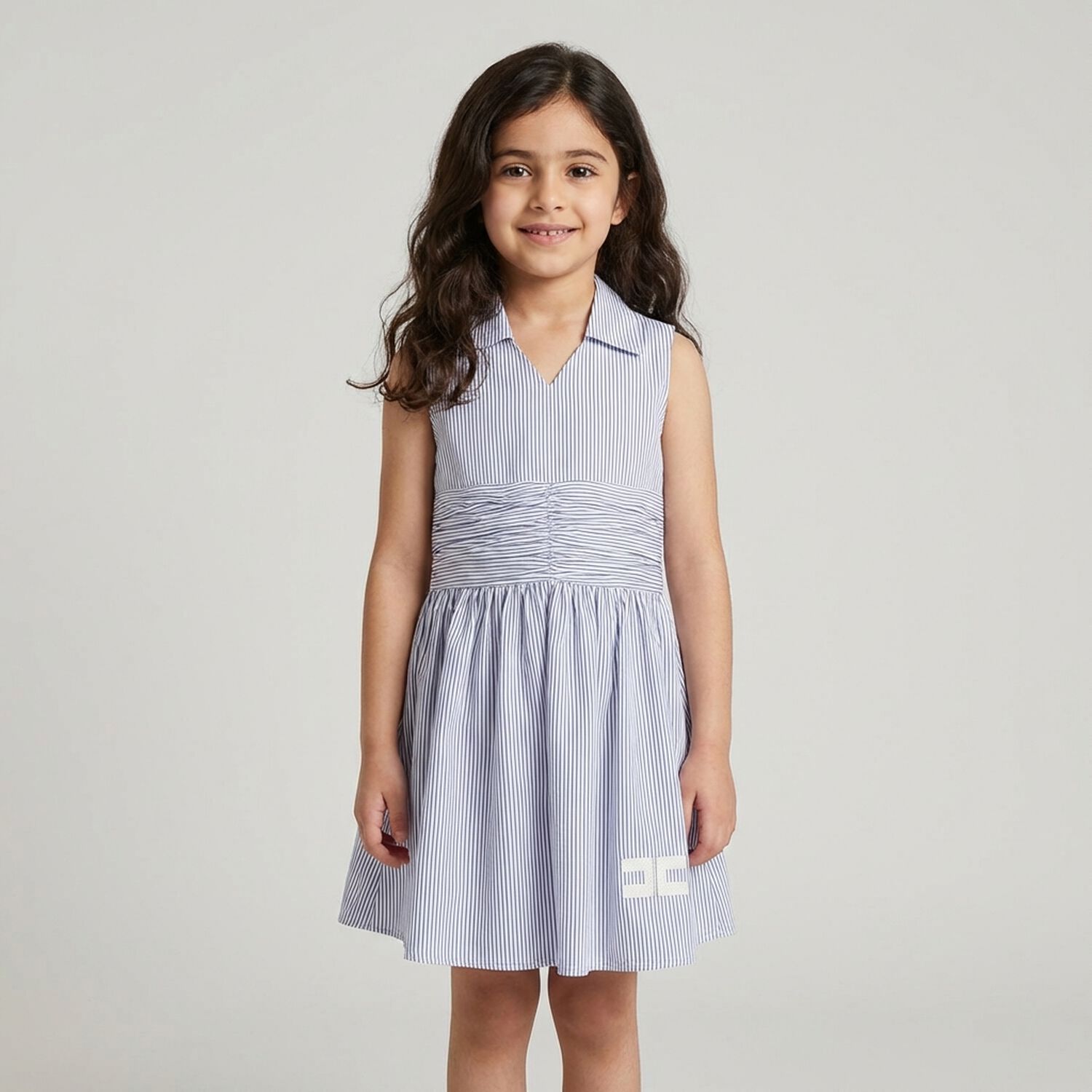 Girls White & Blue Striped Dress, 1, hi-res