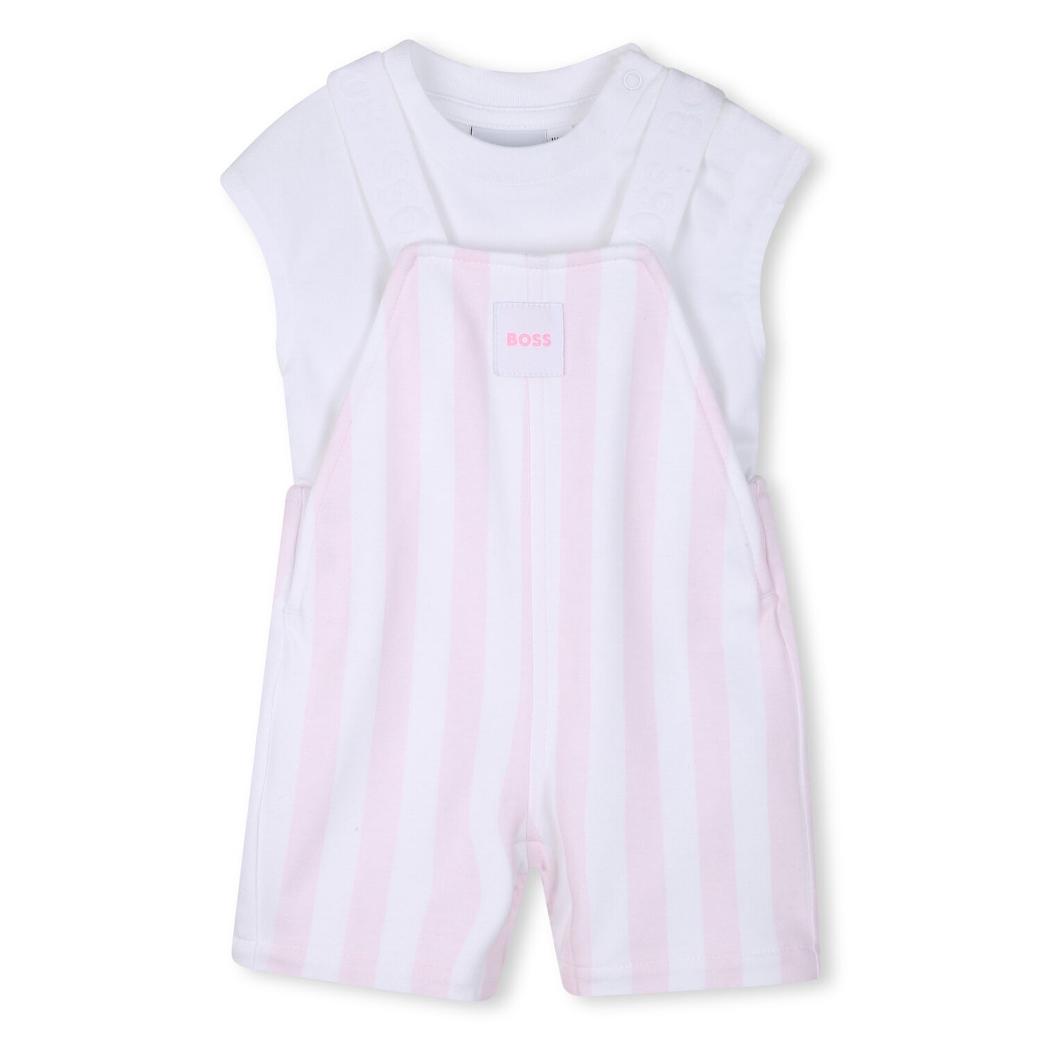 Baby Girls White & Pink Striped Logo Dungaree Set, 1, hi-res