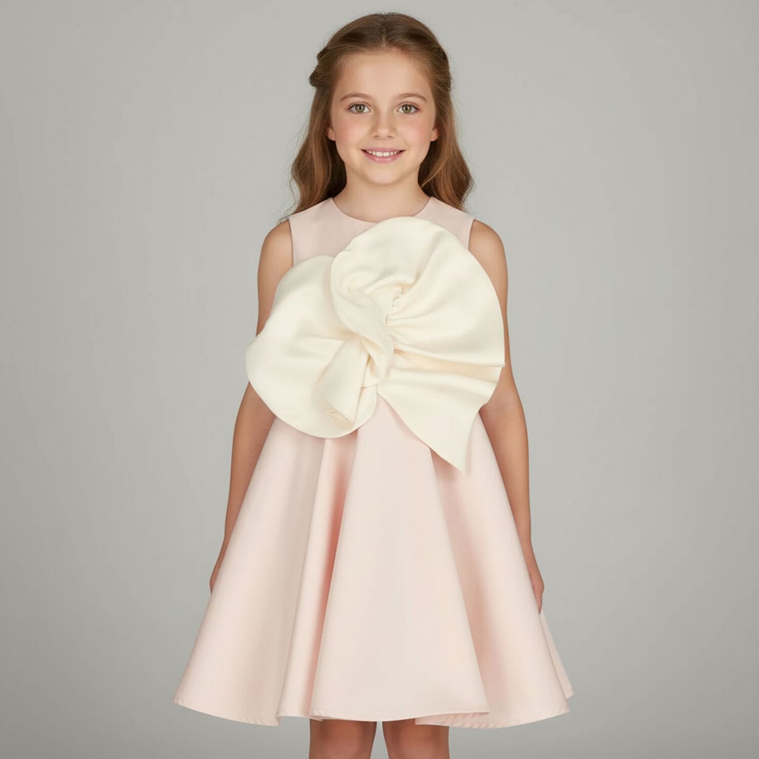 فستان بنات من الساتان مزين بالزهور باللون الوردى , 1, hi-res