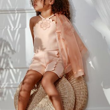 طقم شورت للبنات مزين بالزهور  باللون البرتقالي 