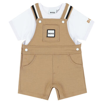 Baby Boys White & Beige Dungaree Set
