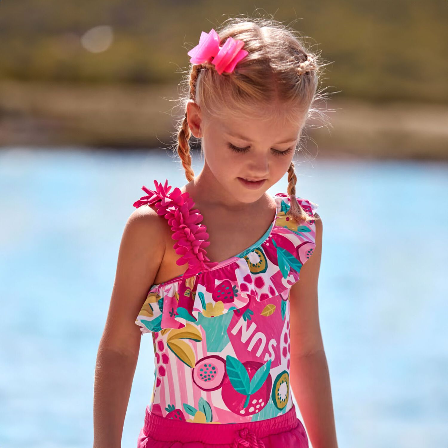 Girls Pink Floral Swimsuit, 2, hi-res