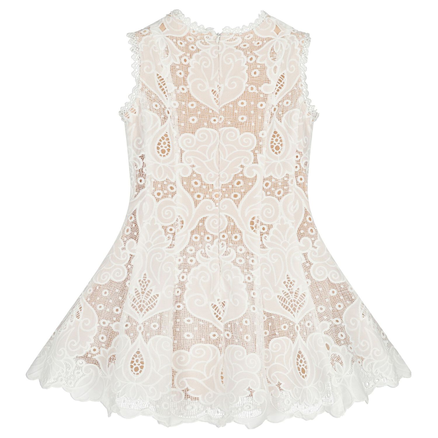 Girls White & Beige Lace Dress, 1, hi-res