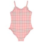 Girls Pink Check Ruffled Swimsuit, 1, hi-res