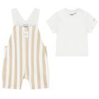 Baby Boys White & Beige Striped Logo Dungaree Set, 1, hi-res