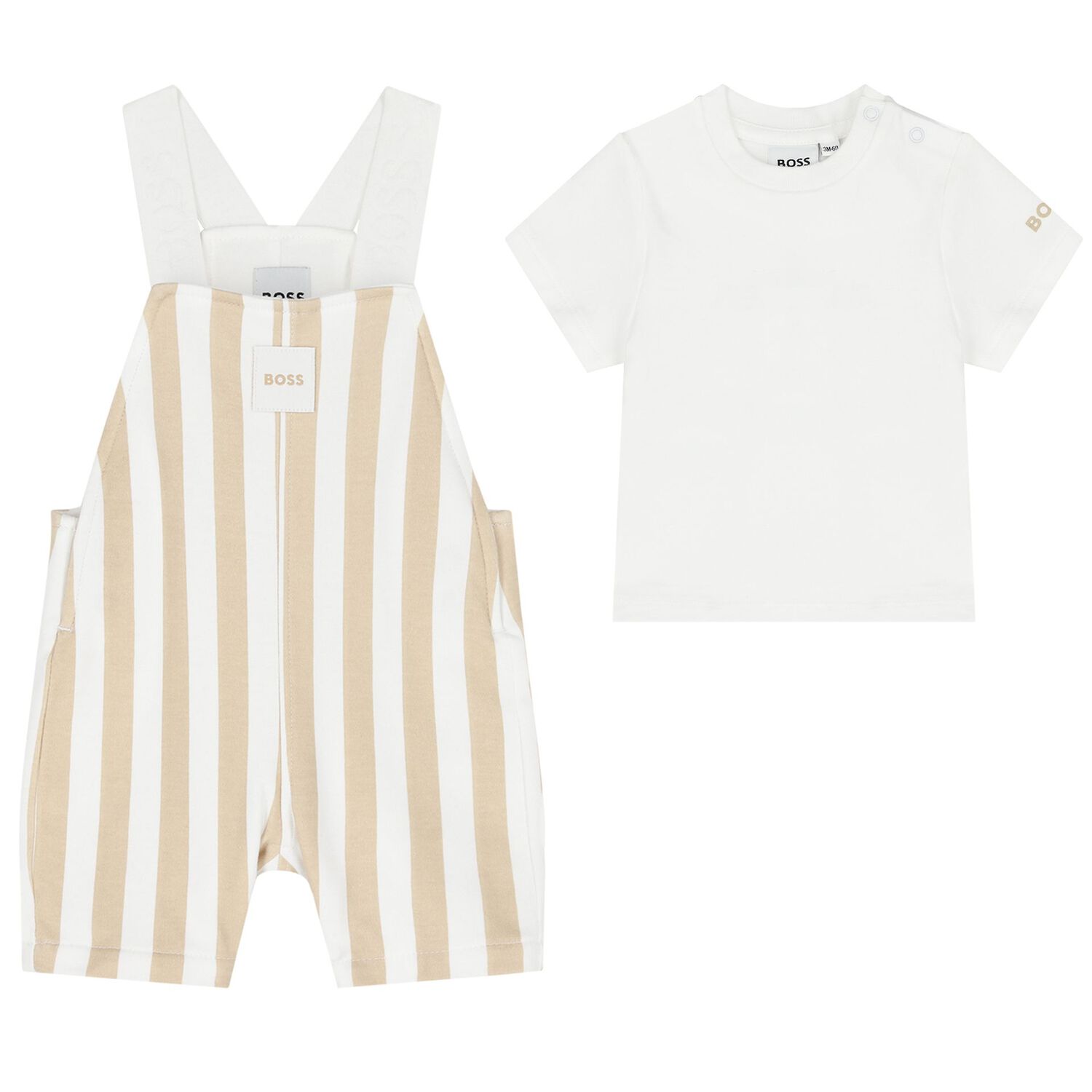 Baby Boys White & Beige Striped Logo Dungaree Set, 1, hi-res