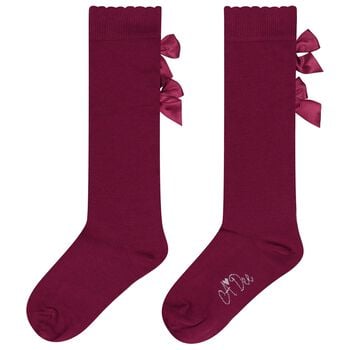Girls Burgundy Satin Bow Socks