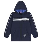 Boys Navy Blue Logo Hooded Zip Up Top, 1, hi-res