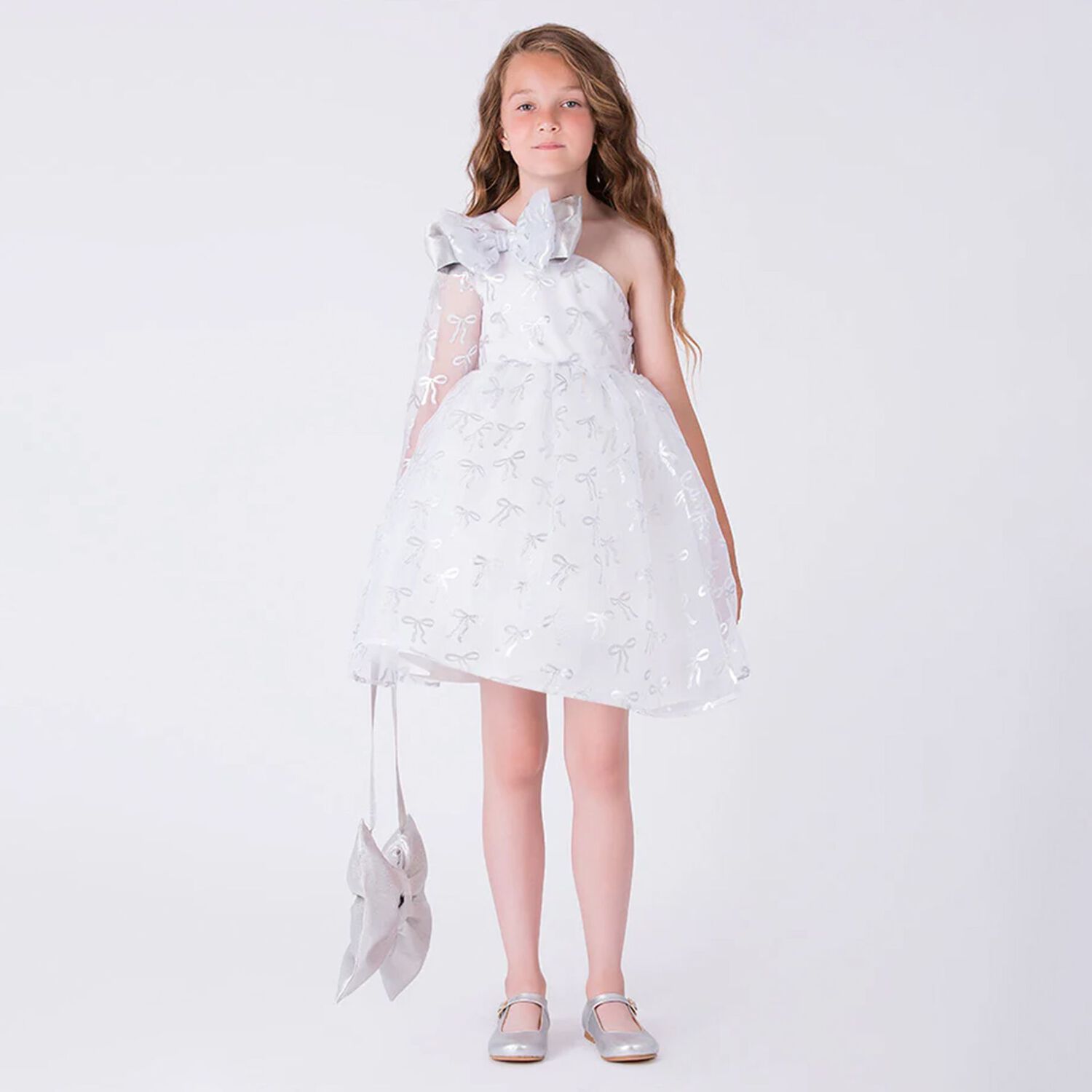 Girls White & Silver Bow Dress, 1, hi-res