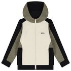 Boys Ivory, Green & Black Logo Hooded Zip Up Top, 2, hi-res