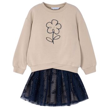 Girls Beige & Navy Blue Flower Skirt Set
