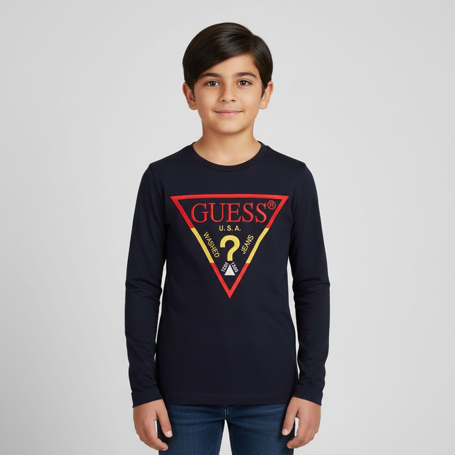 Boys Navy Blue Logo Long Sleeve Top, 1, hi-res