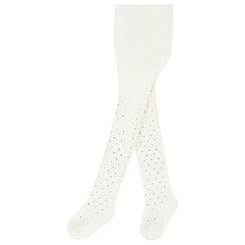 Younger Girls White & Silver Heart Tights