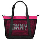 حقيبة كتف بالشعار باللون الاسود والزهرى للبنات, 1, hi-res