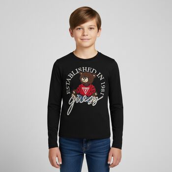 Boys Black Teddy Bear Logo Long Sleeve Top