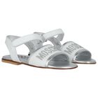 Girls White & Silver Leather Logo Sandals , 1, hi-res