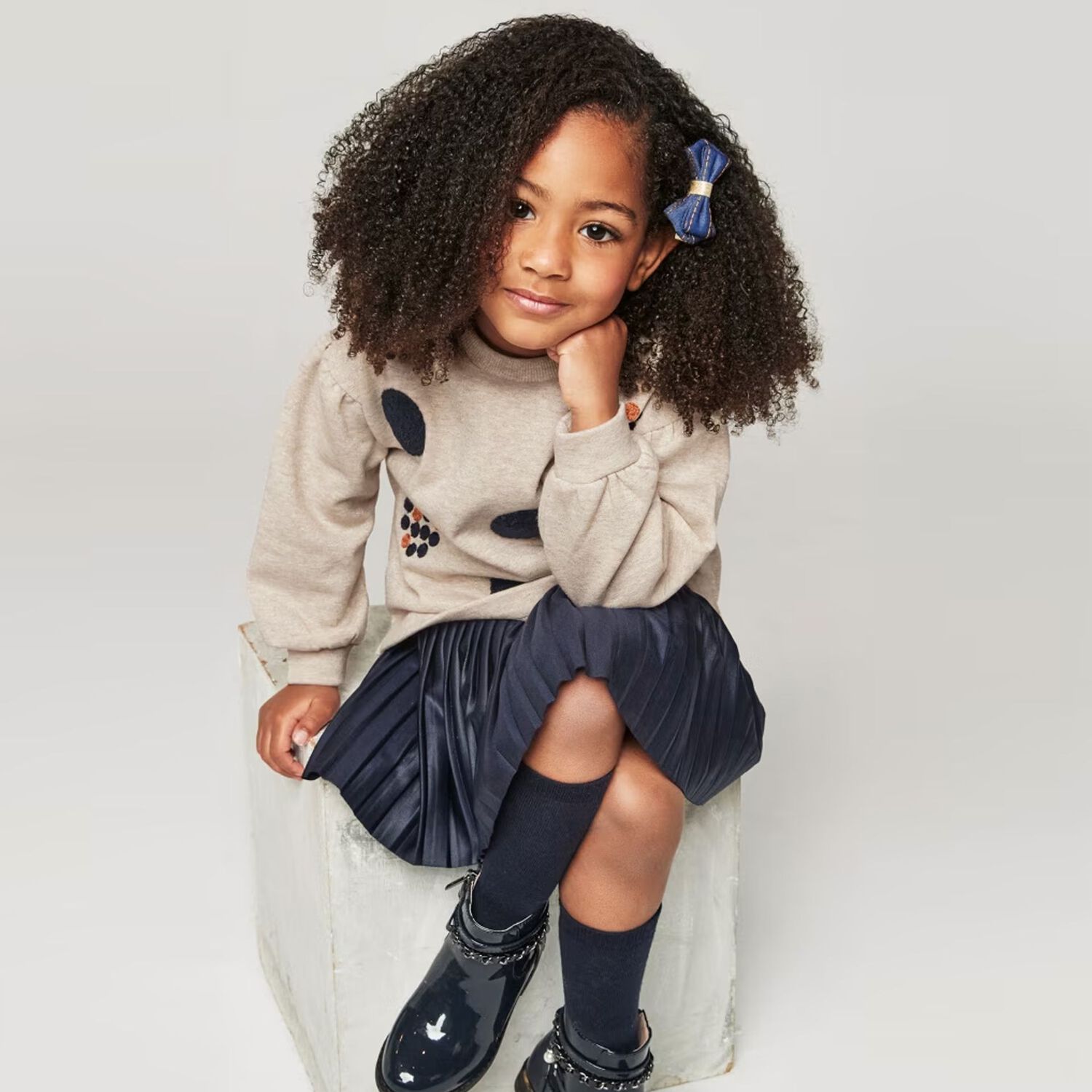 Girls Beige & Navy Blue Dress Set, 1, hi-res