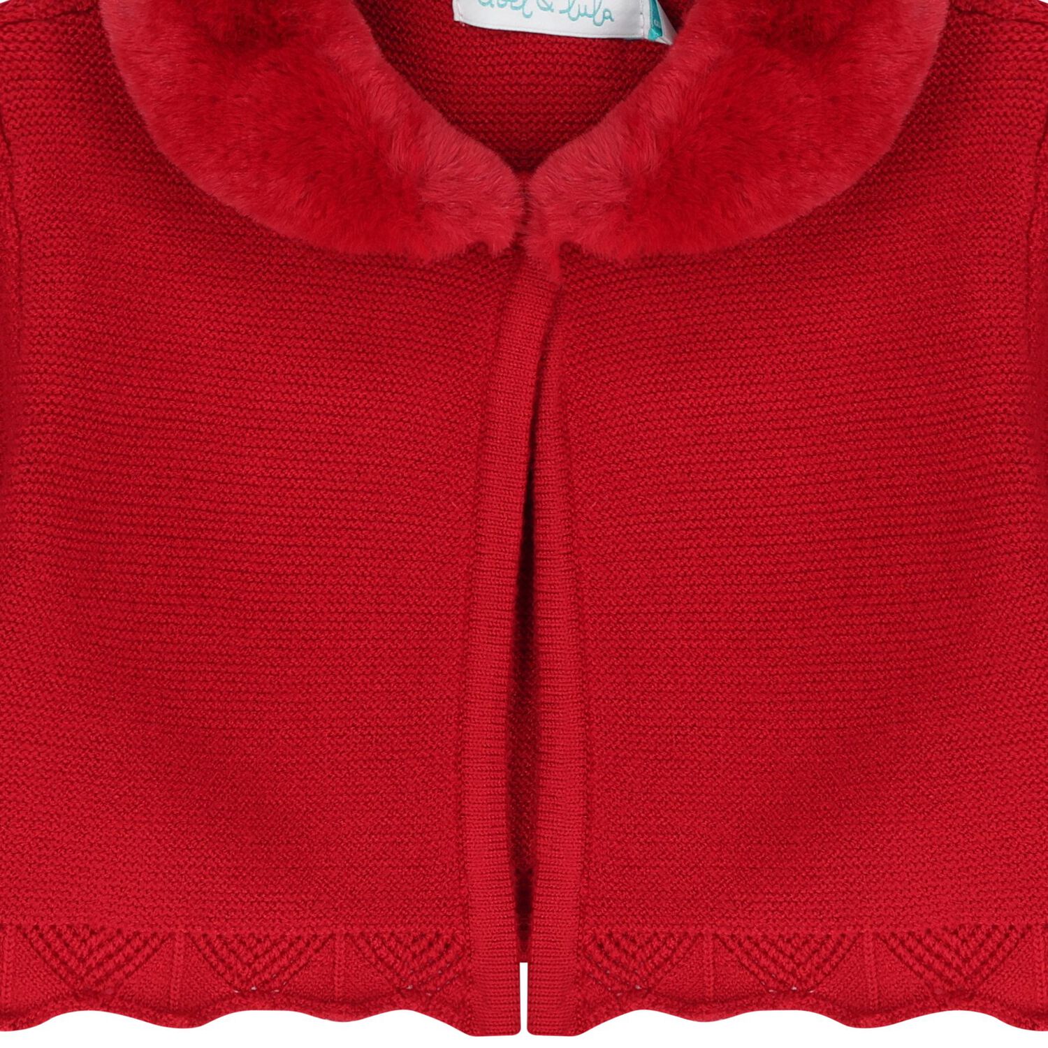 Younger Girls Red Faux Fur Collar Cardigan, 3, hi-res