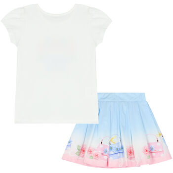 Girls White & Blue Floral Skirt Set