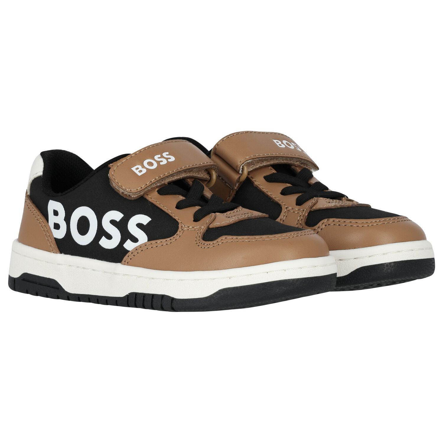 Boys Beige & Black Logo Trainers, 1, hi-res